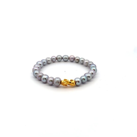 18K Gold Pixiu Piyao Bracelet Gemstones Natural Freshwater Gray Pearls